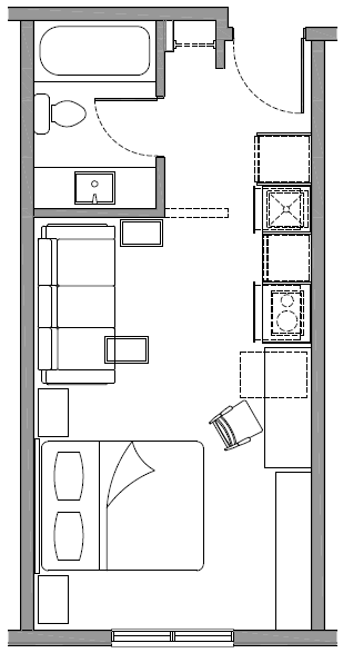 a floor plan of a small house with a bedroom and a living room